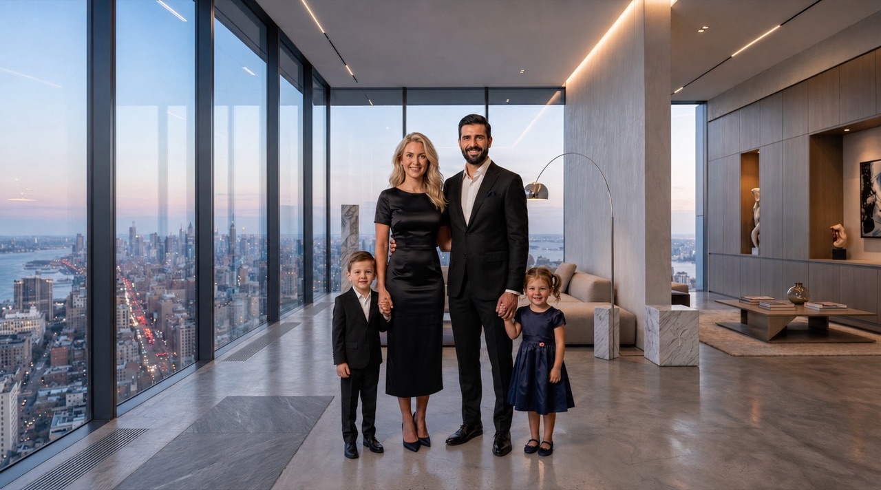 Família em apartamento de alto padrão com vista para a cidade